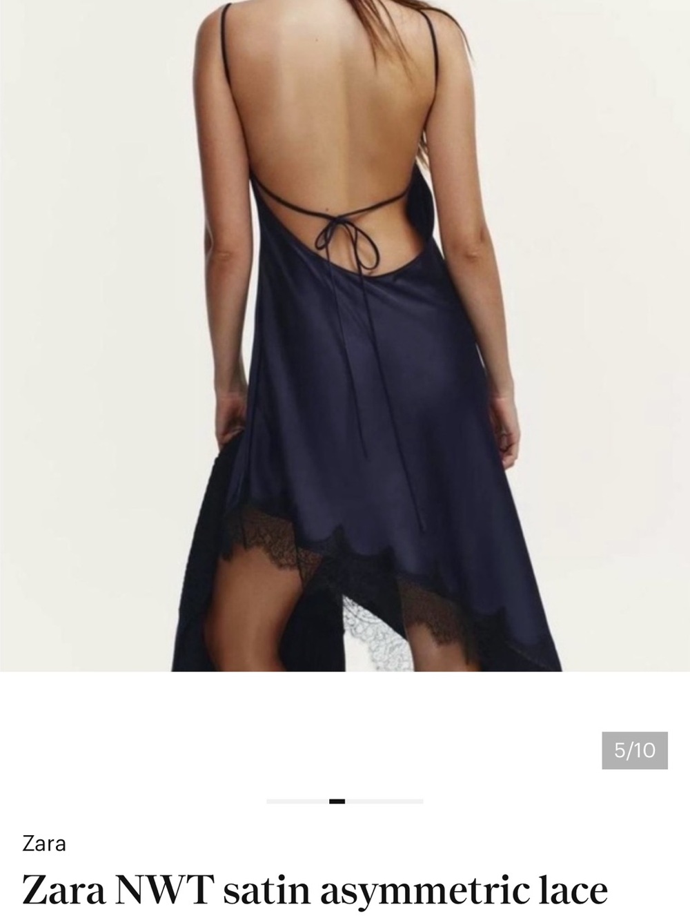 Zara Navy Satin Backless Slip Dress with Lace Trim